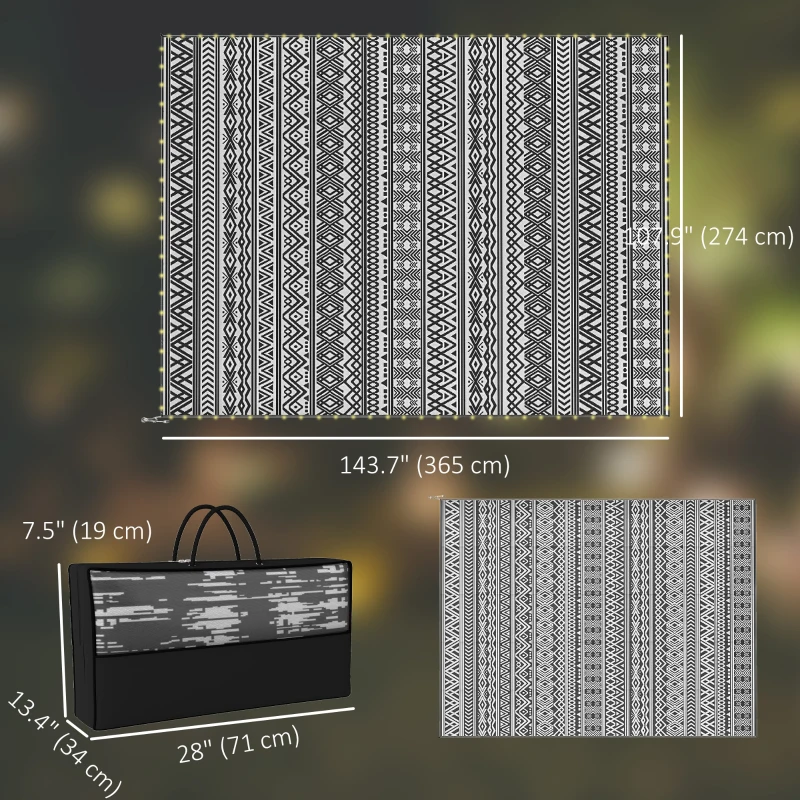 Outsunny Outdoor Rug Carpet with USB Lights Reversible Patio Rug with Carry Bag for Camping 12' x 9'