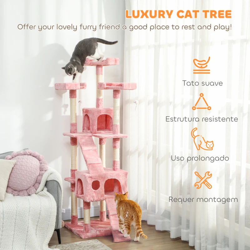 PawHut 68-inch Multi-Level Cat Scratching Tree Kitty Activity Center Post Tower Condo Pet Furniture w/ Toy Pink