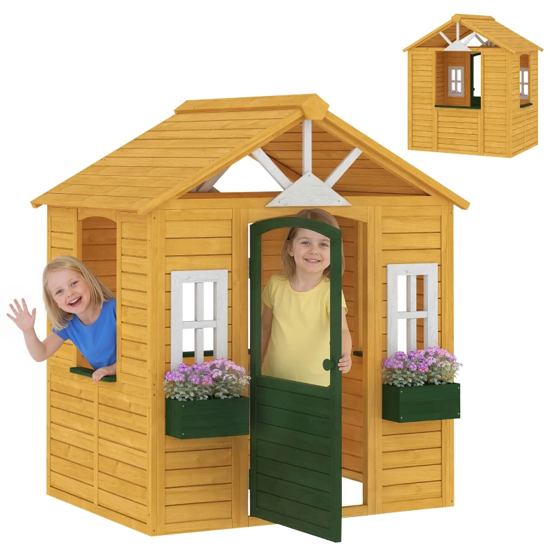 Qaba Outdoor Playhouse, Wooden Kids Playhouse with Door, 3 Windows, 2 Flower Boxes for Garden, Indoor Playroom, Ages 3–8