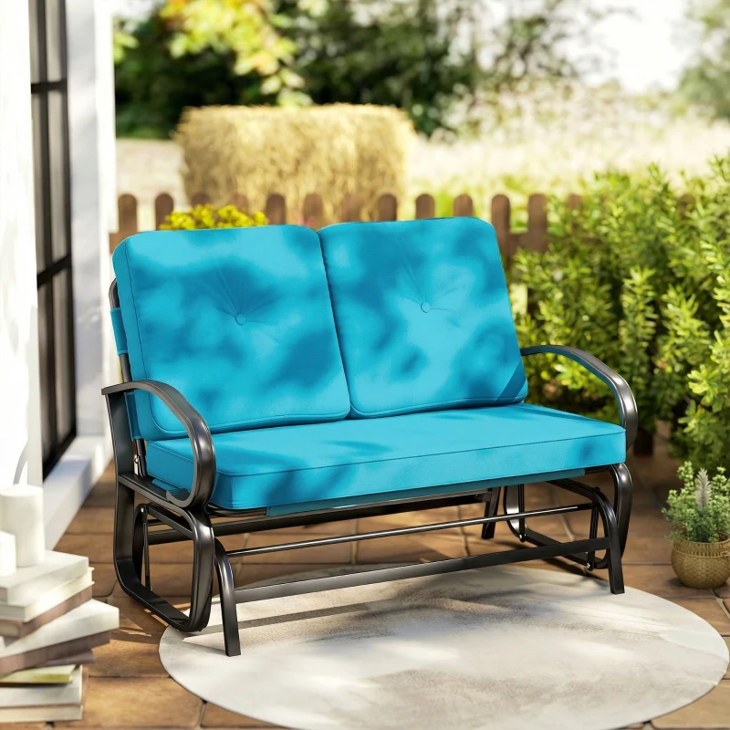 Outsunny Outdoor Glider Bench, 2-Person Patio Rocker Loveseat with Tufted Cushions, Steel Frame for Porch, Garden Backyard, Blue