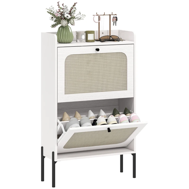 HOMCOM Shoe Cabinet with 2 Flip Drawers, Boho Narrow Shoe Storage Cabinet, White