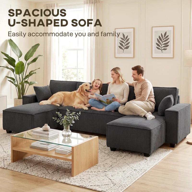 HOMCOM Modular U Shaped Couch, Sectional Sofa with Double Chaises and Spring Cushions, Dark Grey
