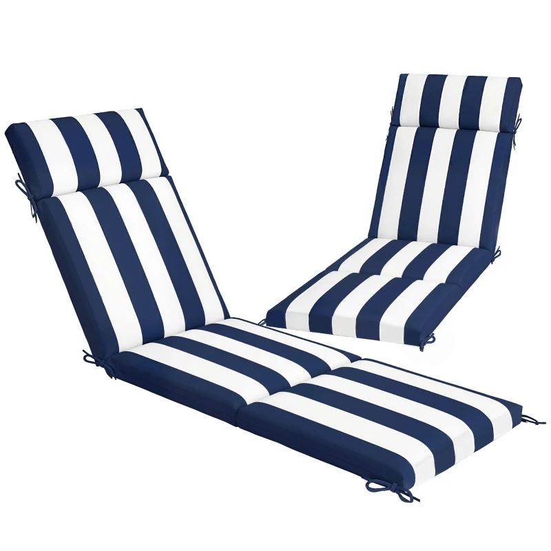 Outsunny Outdoor Chaise Lounge Cushions Set of 2 with 6 Ties, High-Density Foam, for Patio and Poolside, Dark Blue and White