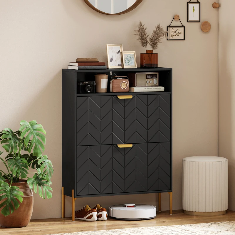 HOMCOM Shoe Cabinet with 2 Flip Drawers, Modern Narrow Shoe Storage Cabinet with Open Compartment, Adjustable Shelves, Black