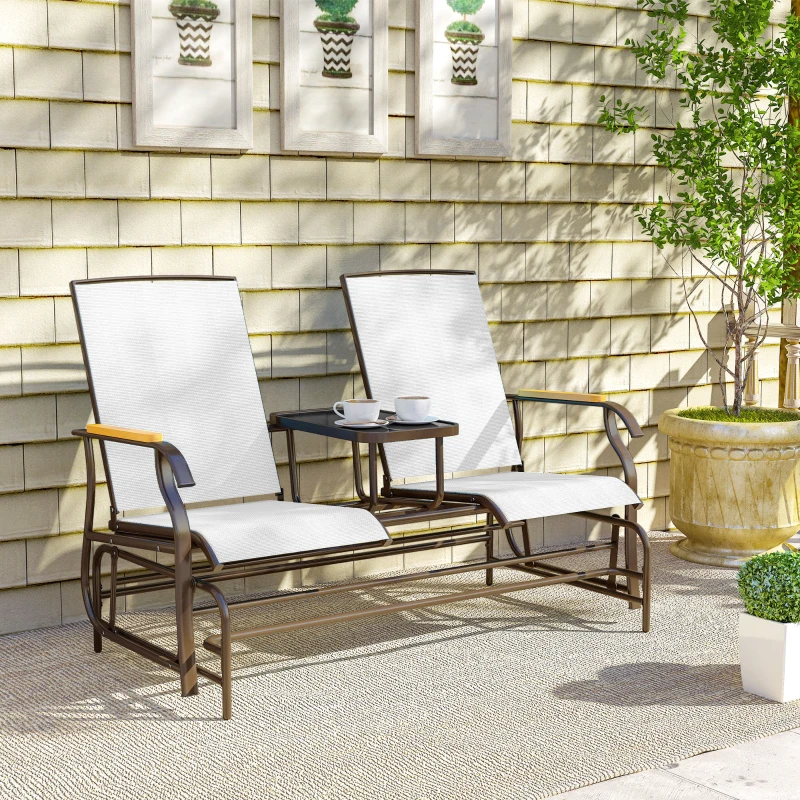Outsunny Outdoor 2-Person Glider Bench, Outside Glider Swing Chair Loveseat with Table, Steel Frame, Cream White