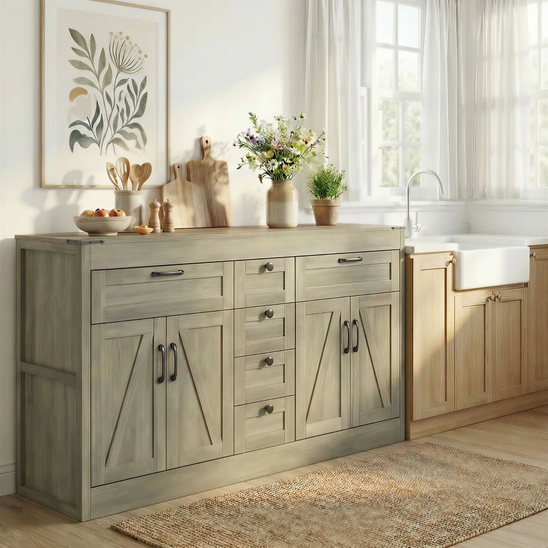 HOMCOM Sideboard Buffet Cabinet, 55" Farmhouse Kitchen Cabinet with 4 Barn Doors, 6 Drawers and 2 Adjustable Shelves, Grey