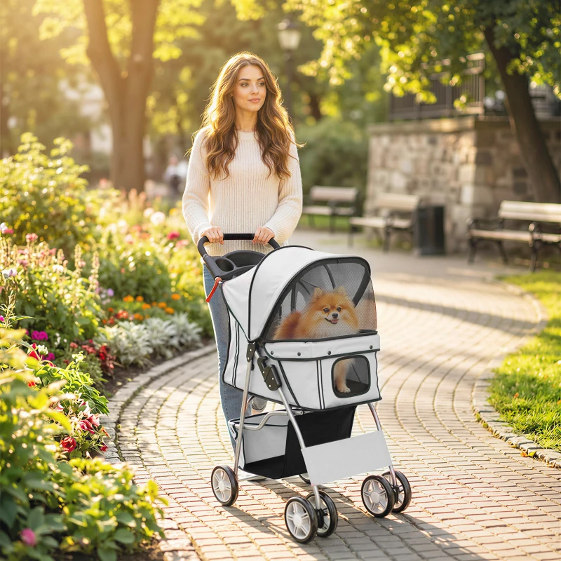 PawHut Pet Stroller for Dogs & Cats, Foldable Dog Stroller with Wheels, Reflective Strips, Brake, Pad and Basket, Grey