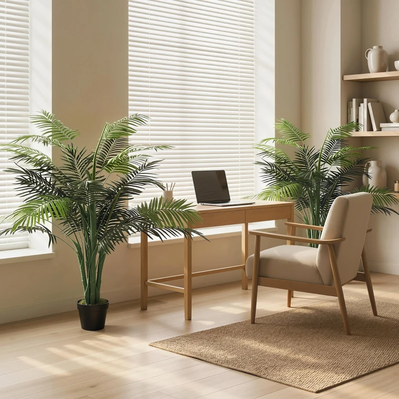 Outsunny 4FT Artificial Palm Tree Set of 2, Fake Tropical Tree with Lifelike Leaves, Faux Plant in Pot for Indoor Decoration, Green