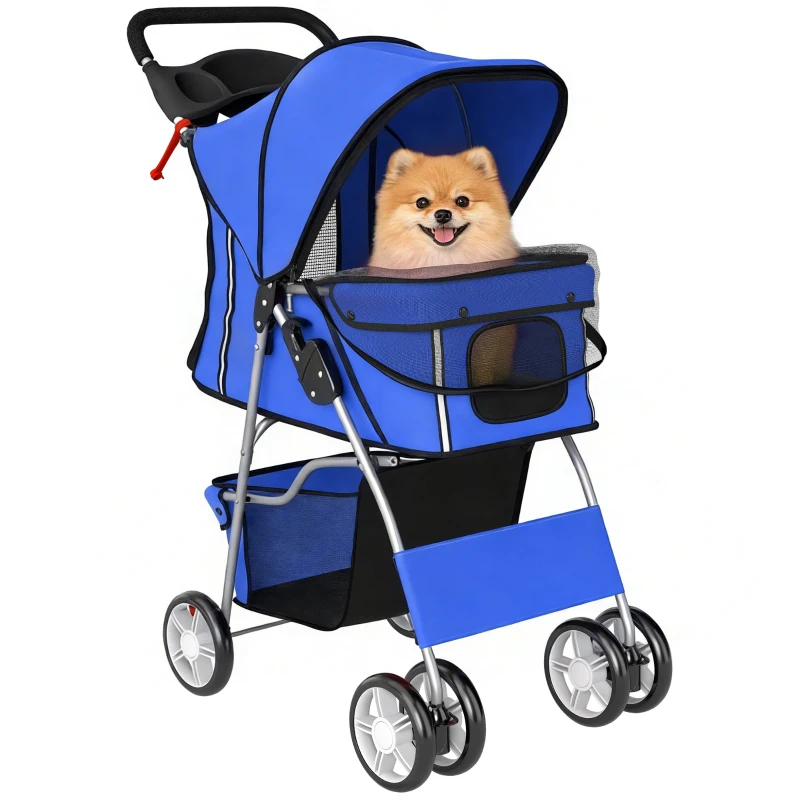 PawHut Pet Stroller with Reflective Strips, Foldable Cat Stroller with 360° Swivel Wheels for Small Dogs and Cats, Blue