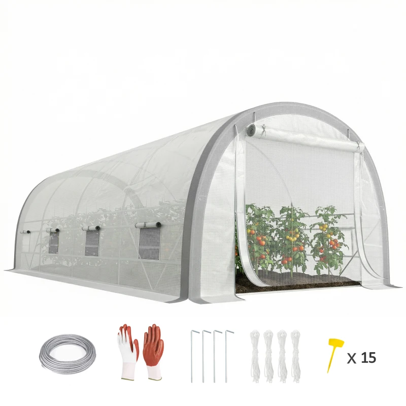 Outsunny Walk-in Tunnel Greenhouse with Upgraded Structure, Mesh Door and Windows, Warm Tent Plant House, White