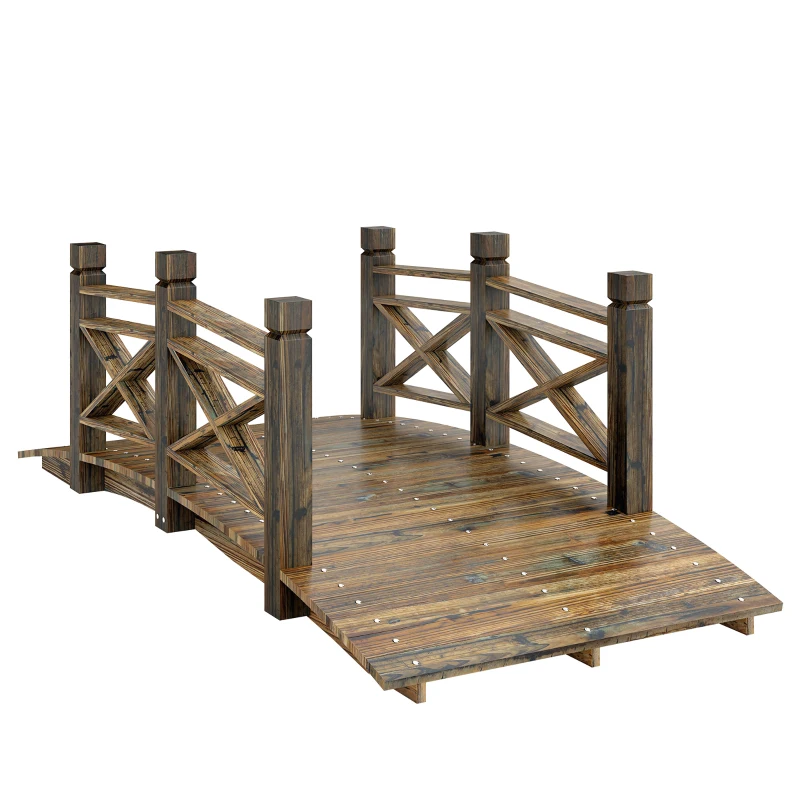 Outsunny Garden Bridge Wooden Arch Footbridge with Safety Rails Carbonized