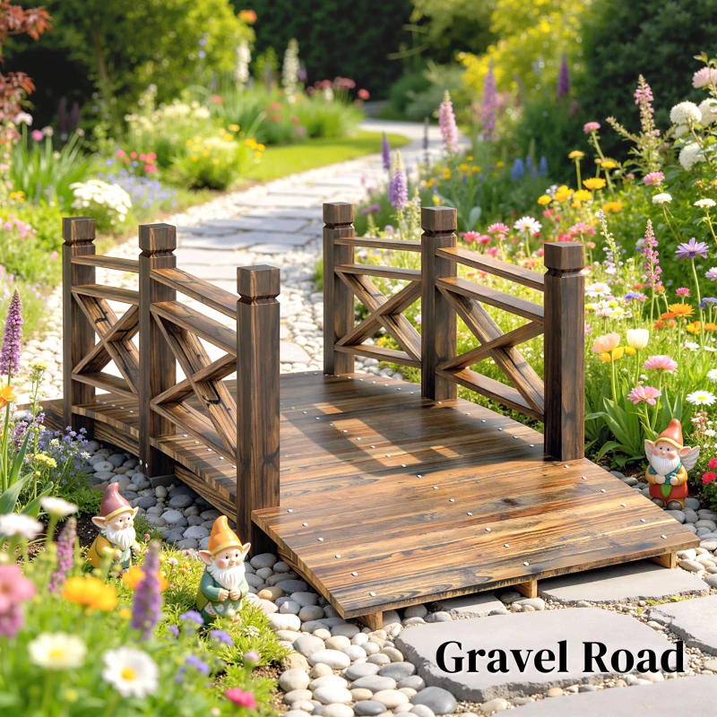 Outsunny Garden Bridge Wooden Arch Footbridge with Safety Rails Carbonized
