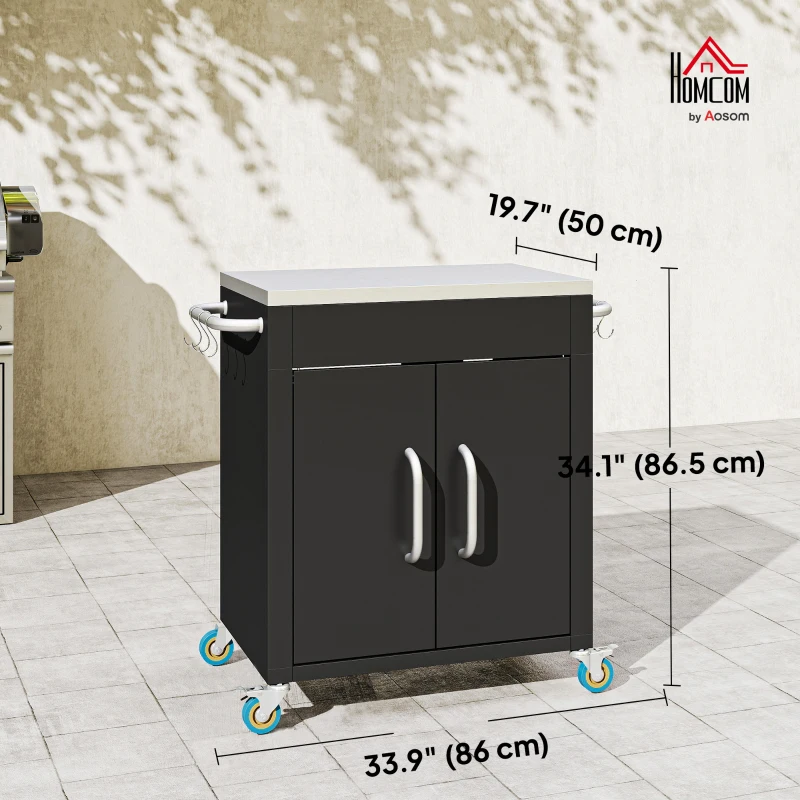 Outsunny Outdoor Grill Cart with Stainless Steel Top, Pizza Oven Table with Wheels Hooks Cabinet Handles,  Black
