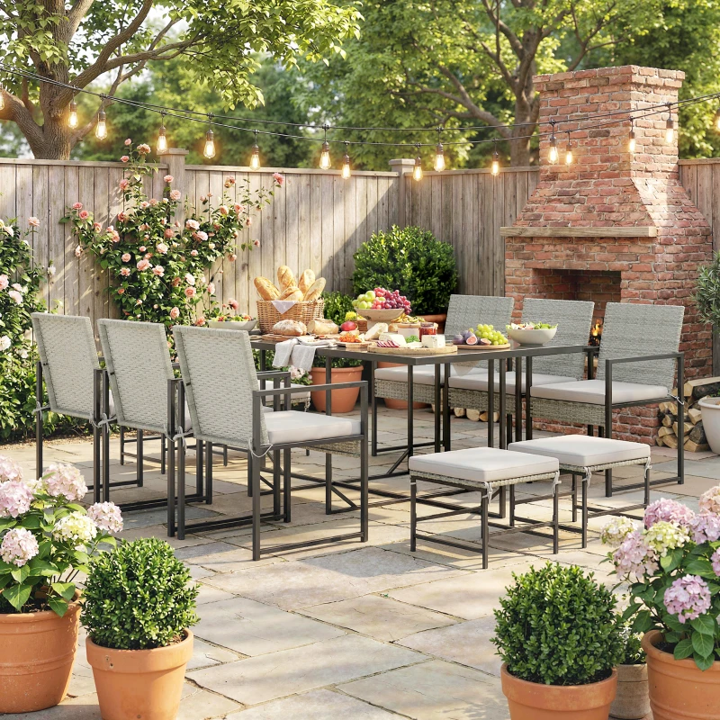 Outsunny 11 Pieces Wicker Patio Dining Set, Rattan Outdoor Furniture Set with 6 Armchairs, 4 Stools, Light Grey
