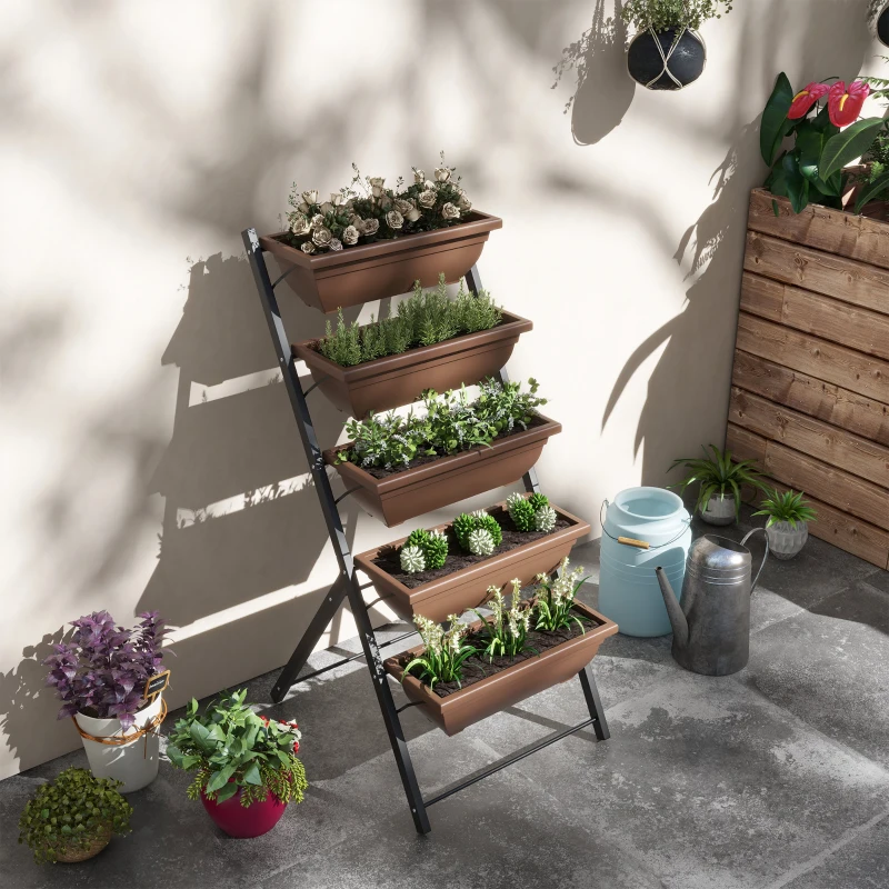 Outsunny 5-Tier Raised Garden Bed with 5 Planter Box, Outdoor Plant Stand Grow Containers with Leaking Holes, Brown