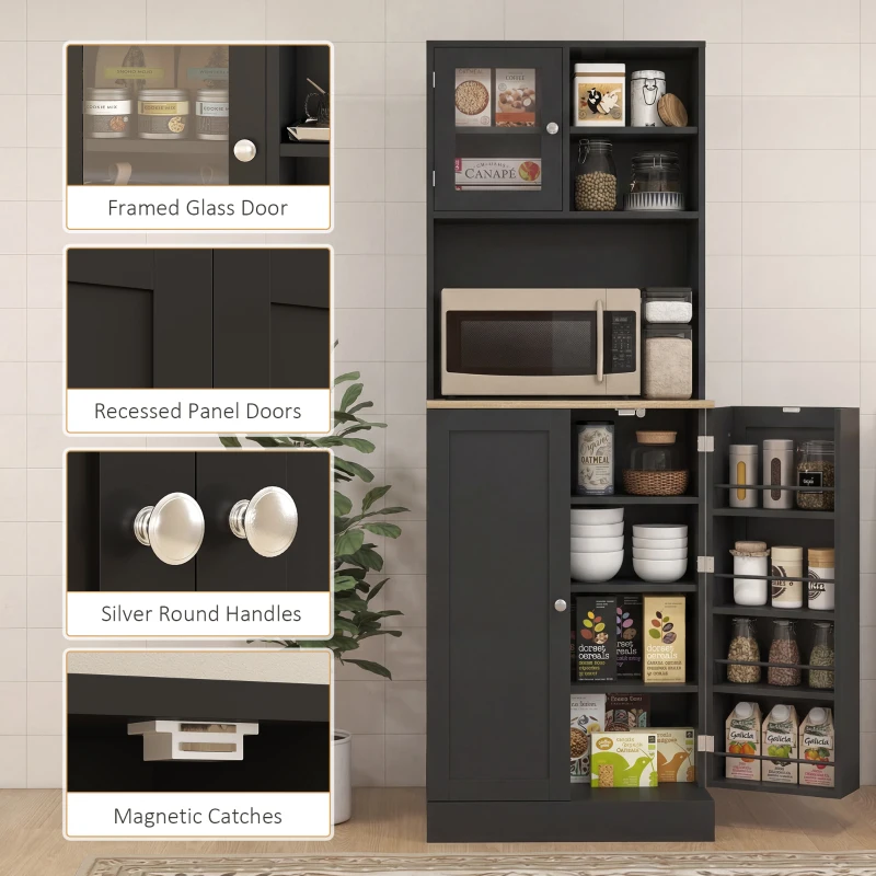 HOMCOM 66.5" Tall Kitchen Pantry Cabinet, Kitchen Hutch, Microwave Cabinet with Adjustable Shelves for Dining Room, Black