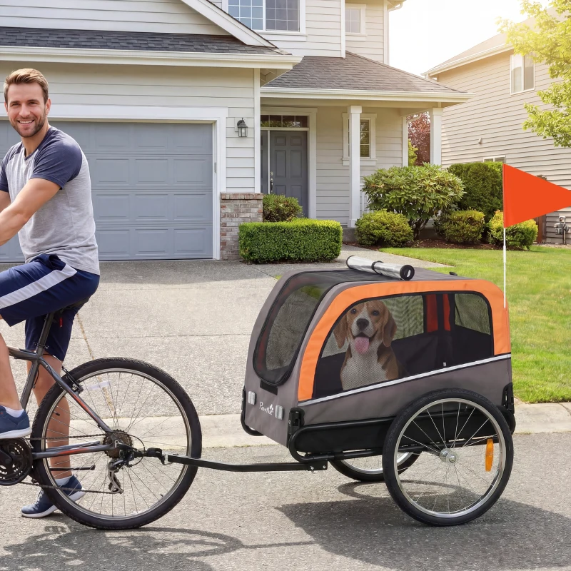 PawHut Dog Bike Trailer, Pet Cart Wagon Cart Carrier Attachment for Travel with 2 Doors, Large Wheels, Safety Flag