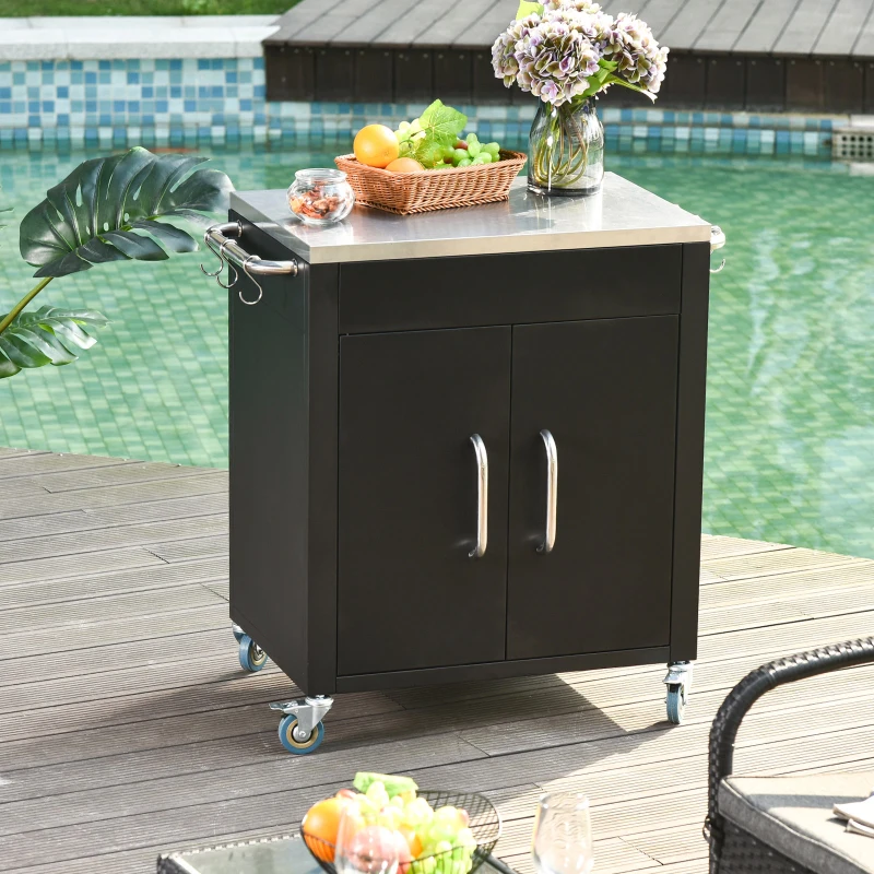 Outsunny Outdoor Grill Cart with Stainless Steel Top, Pizza Oven Table with Wheels Hooks Cabinet Handles,  Black