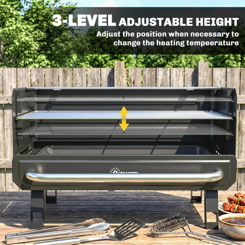 Outsunny Charcoal BBQ Grill, Portable Barbecue Grill with Adjustable Grates, Foldable Legs, Side Shelf for Camping Travel, Black