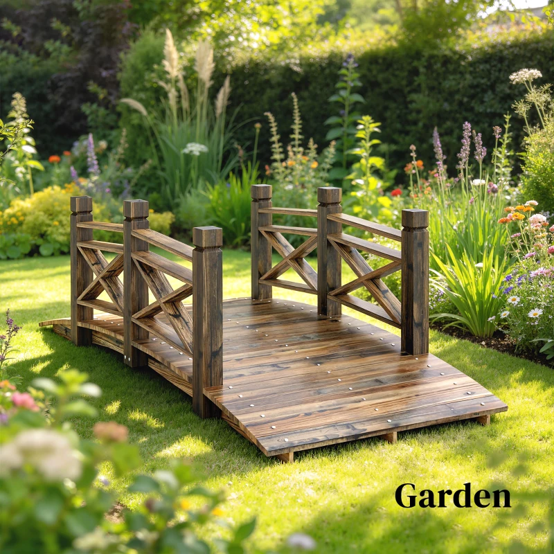 Outsunny Garden Bridge Wooden Arch Footbridge with Safety Rails Carbonized