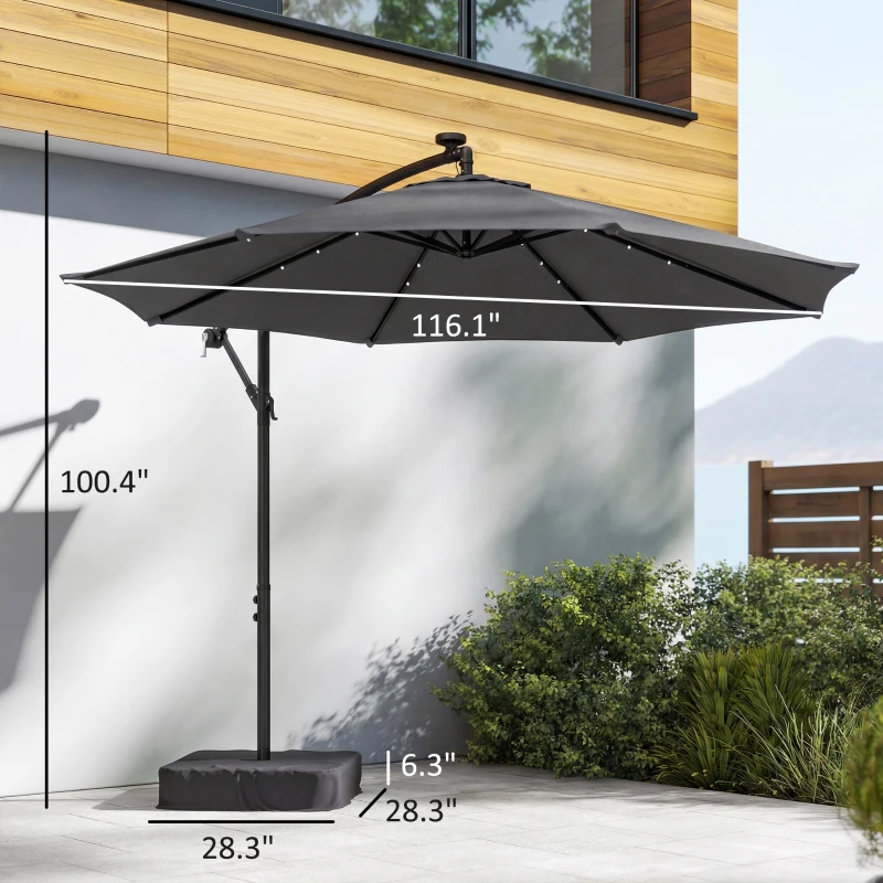 Outsunny 10 ft Cantilever Patio Umbrella with Light, Weight, Offset Hanging Outdoor Umbrella with Protective Cover, Dark Gray