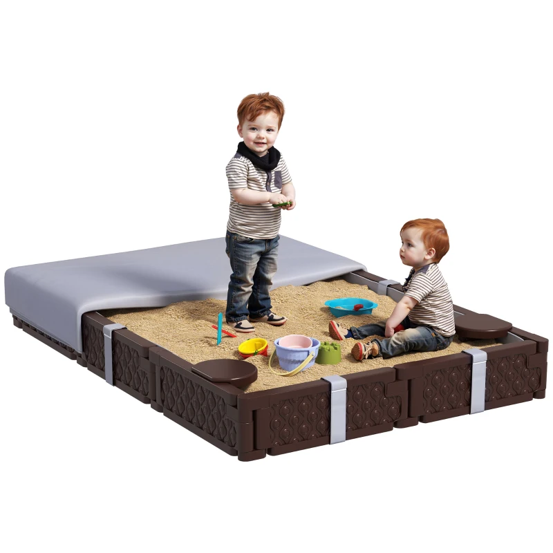 Qaba Kids Sandbox with Cover, 4 Corner Seats, Bottom Liner for Backyard, Garden, Outdoor, 73" x 47" x 9", Dark Brown
