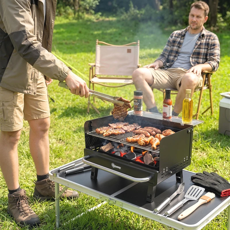 Outsunny Charcoal BBQ Grill, Portable Barbecue Grill with Adjustable Grates, Foldable Legs, Side Shelf for Camping Travel, Black