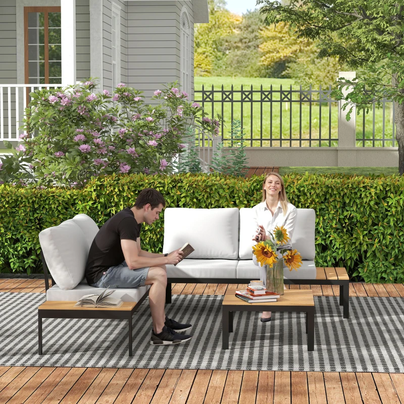 Outsunny 4 Piece L Shaped Garden Furniture Set, 4 Seater Outdoor Corner Garden Set, 2 Loveseats, 2 Coffee Tables, Teak