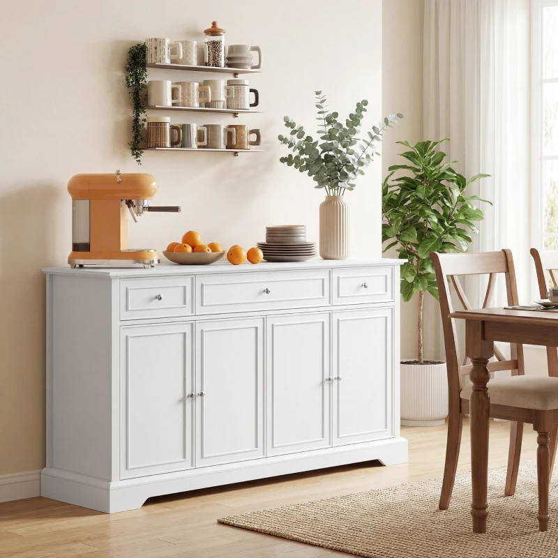 HOMCOM Sideboard Buffet Cabinet, 54" Kitchen Storage Cabinet with Soft-Close Doors, 3 Drawers and 2 Adjustable Shelves, White