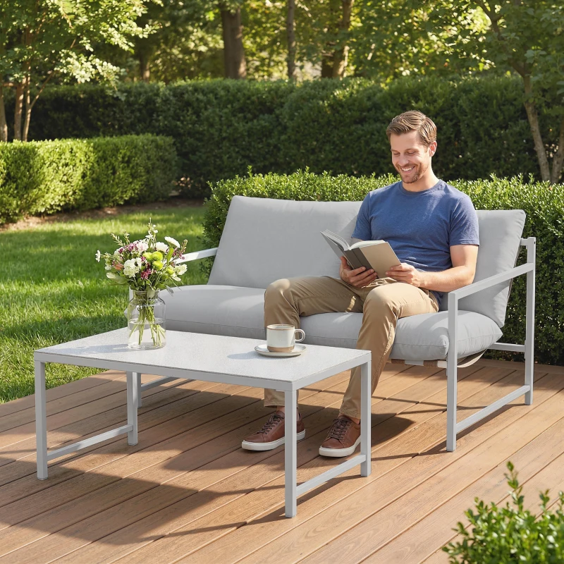 Outsunny 2 Piece Patio Furniture Set, Outdoor Loveseat Sofa Set with Thick Cushions and Coffee Table for Porch Garden, Light Grey