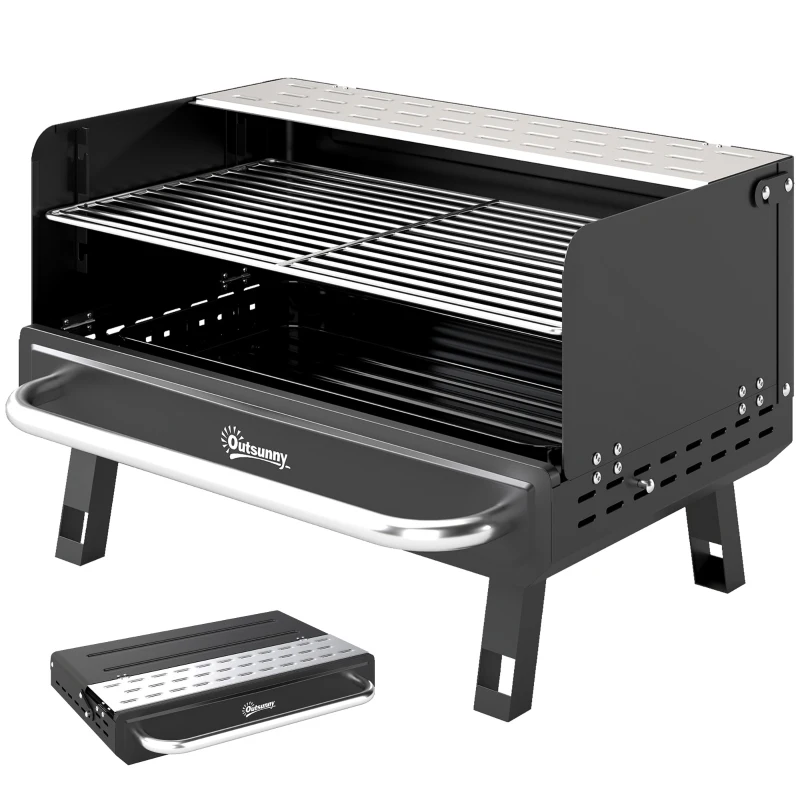 Outsunny Charcoal BBQ Grill, Portable Barbecue Grill with Adjustable Grates, Foldable Legs, Side Shelf for Camping Travel, Black