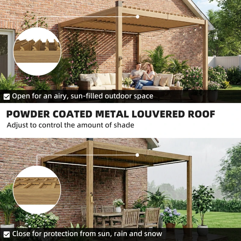 Outsunny 10' x 10' Louvered Pergola with Solar LED lights, Metal Roof, Outdoor Pergola Patio Gazebo with Drainage Gutters, Brown