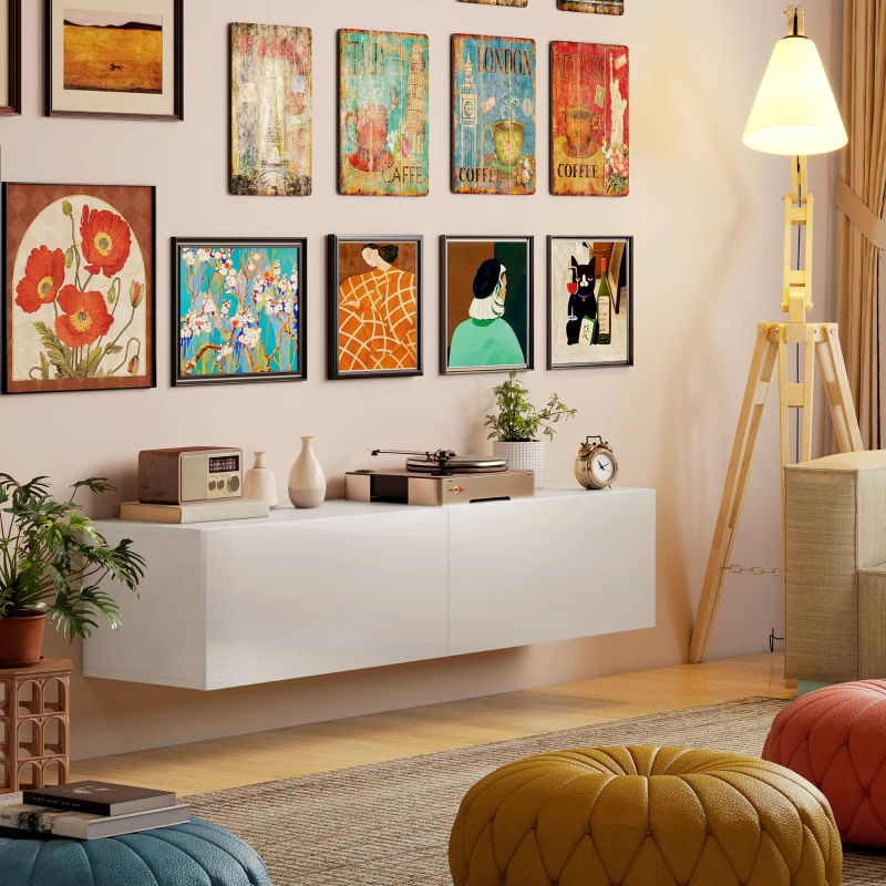 HOMCOM Floating TV Stand with Storage Cupboards for 45, 55, 65in TVs, Wall Mounted TV Console Entertainment Unit, White(m-9)