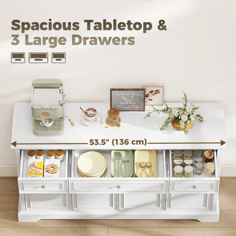 HOMCOM Sideboard Buffet Cabinet, 54" Kitchen Storage Cabinet with Soft-Close Doors, 3 Drawers and 2 Adjustable Shelves, White