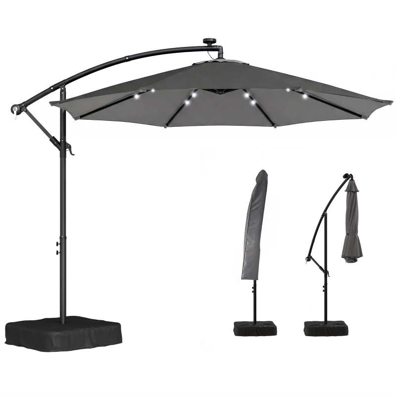 Outsunny 10 ft Cantilever Patio Umbrella with Light, Weight, Offset Hanging Outdoor Umbrella with Protective Cover, Dark Gray