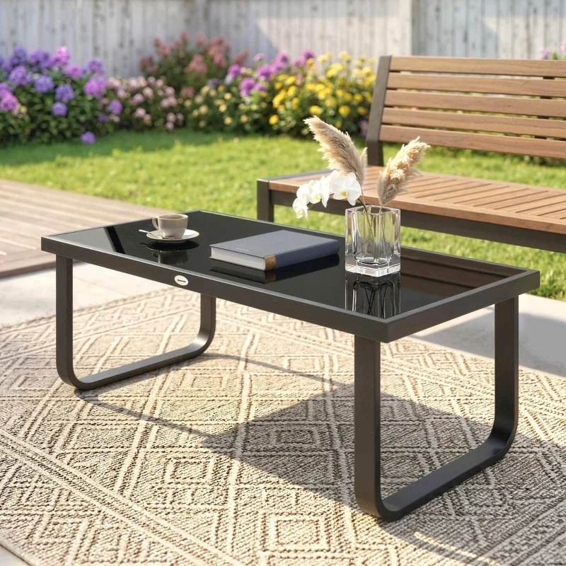 Outsunny Outdoor Patio Coffee Table, Rectangle Metal Side Table with Tempered Glass Tabletop, Adjustable Foot Pads