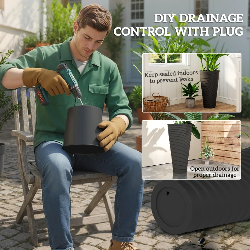 Outsunny 29" Tall Planters Set of 2, Indoor Outdoor Stackable Taper Planters with Drainage Holes, Black