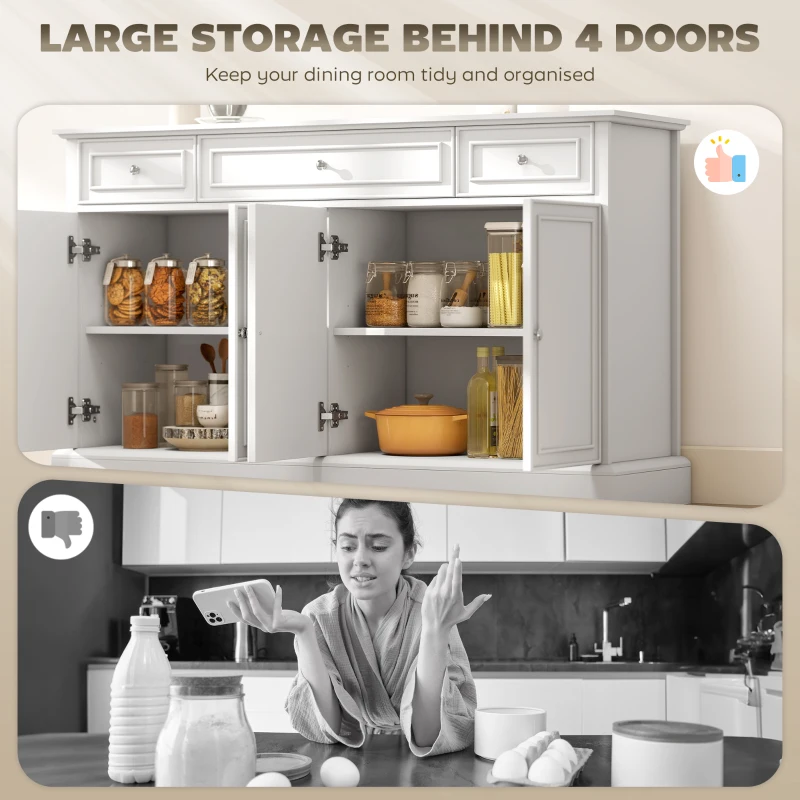 HOMCOM Sideboard Buffet Cabinet, 54" Kitchen Storage Cabinet with Soft-Close Doors, 3 Drawers and 2 Adjustable Shelves, White