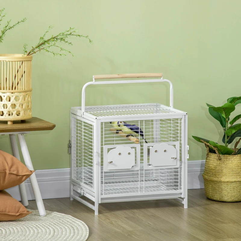 PawHut Bird Travel Carrier Cage, Portable Metal Bird Cage for Parrots Conures Cockatiel Parakeets with Stand Perch, Stainless Steel Bowls, Pull Out Tray, 19" x 15" x 26", White