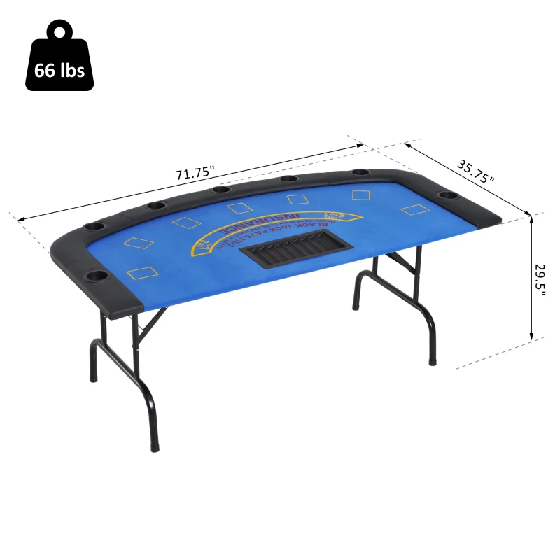 Soozier Poker Table Foldable, 72" Blackjack Table for 7 Players with Chip & Cup Holder, Blue Felt