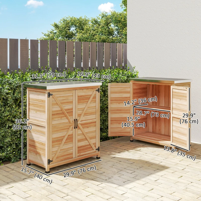 Outsunny Garden Storage Cabinet, Outdoor Potting Bench Table with Metal Tabletop, Shelf and Double Doors, Natural