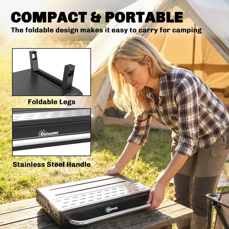 Outsunny Charcoal BBQ Grill, Portable Barbecue Grill with Adjustable Grates, Foldable Legs, Side Shelf for Camping Travel, Black