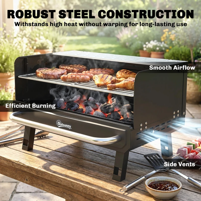 Outsunny Charcoal BBQ Grill, Portable Barbecue Grill with Adjustable Grates, Foldable Legs, Side Shelf for Camping Travel, Black