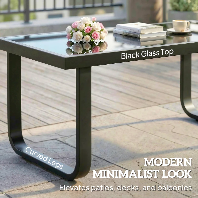 Outsunny Outdoor Patio Coffee Table, Rectangle Metal Side Table with Tempered Glass Tabletop, Adjustable Foot Pads