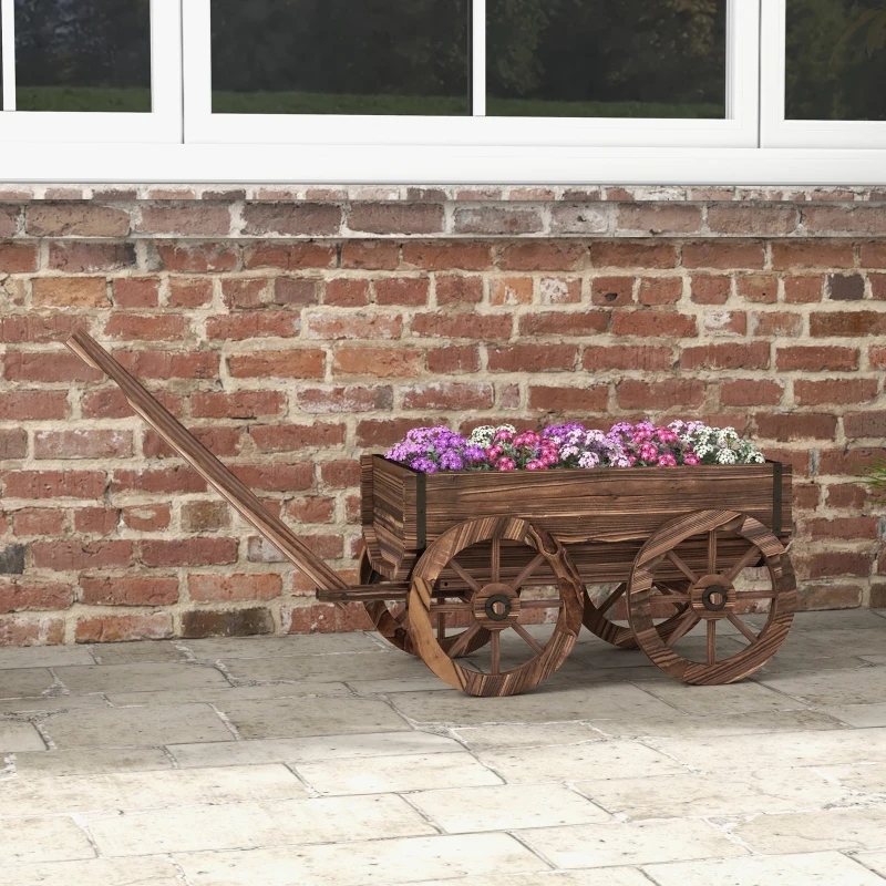 Outsunny Raised Garden Bed, Wooden Wagon Planter Boxes with Drainage Holes, for Vegetables Flowers Herbs, Carbonized