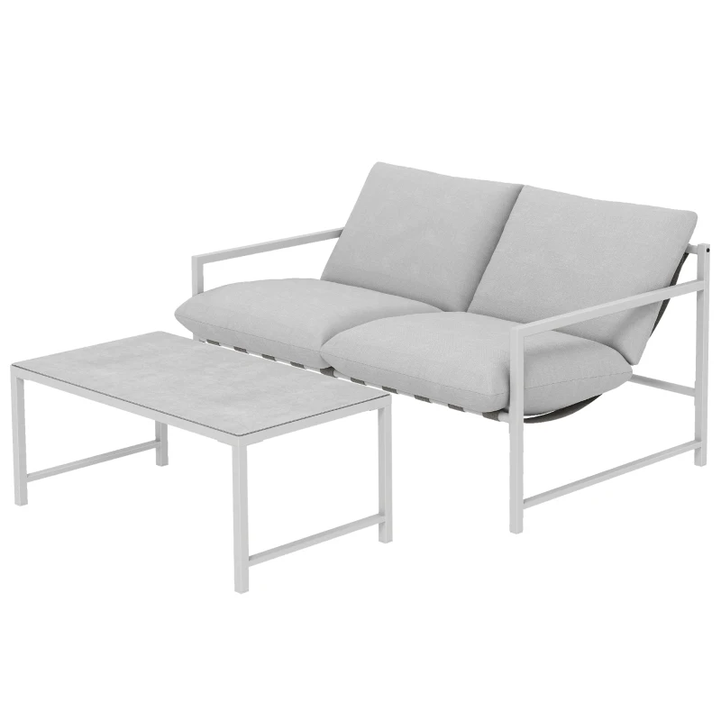 Outsunny 2 Piece Patio Furniture Set, Outdoor Loveseat Sofa Set with Thick Cushions and Coffee Table for Porch Garden, Light Grey