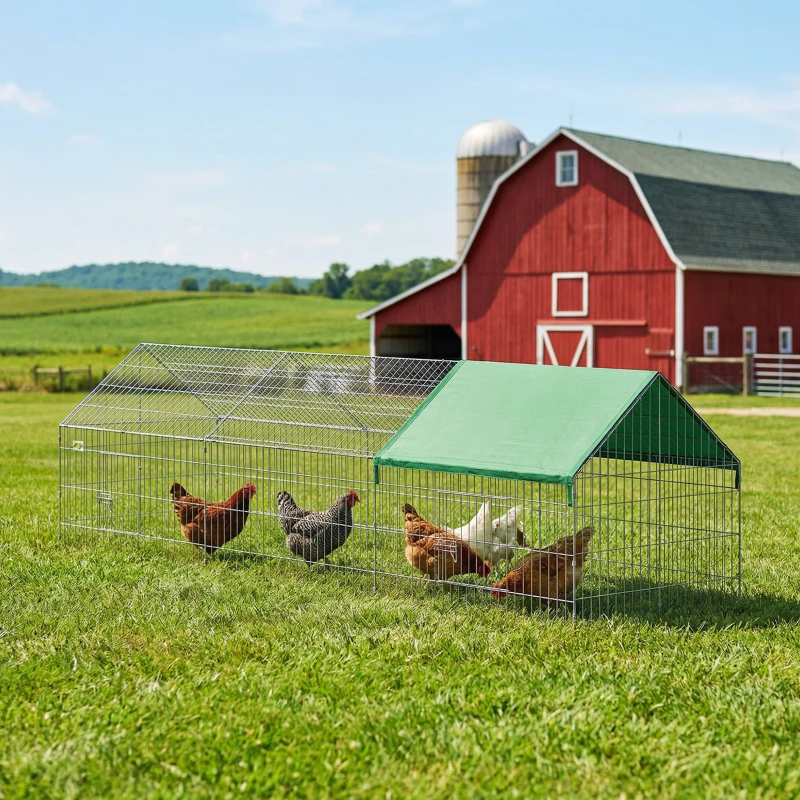 PawHut Metal Chicken Coop with UV-Resistant Cover for Rabbits, Ducks, Turtles, Guinea Pigs, 106" x 29.5" x 29.5", Green