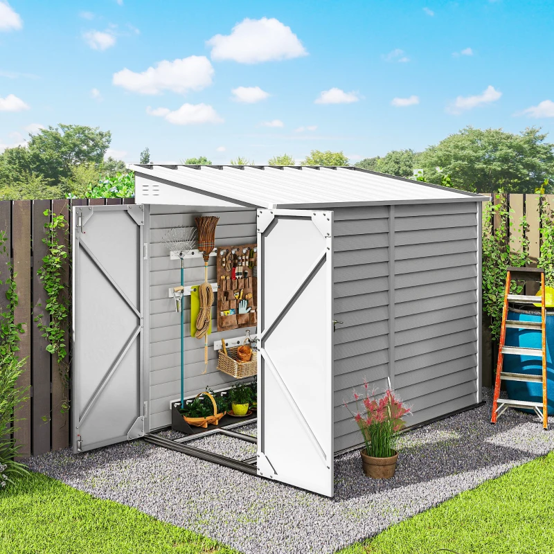 Outsunny 4.6' x 9' Steel Outdoor Storage Shed, Lean to Shed, Metal Tool House with Foundation Kit, Lockable Doors, Gloves and 2 Air Vents for Backyard, Patio, Lawn, White