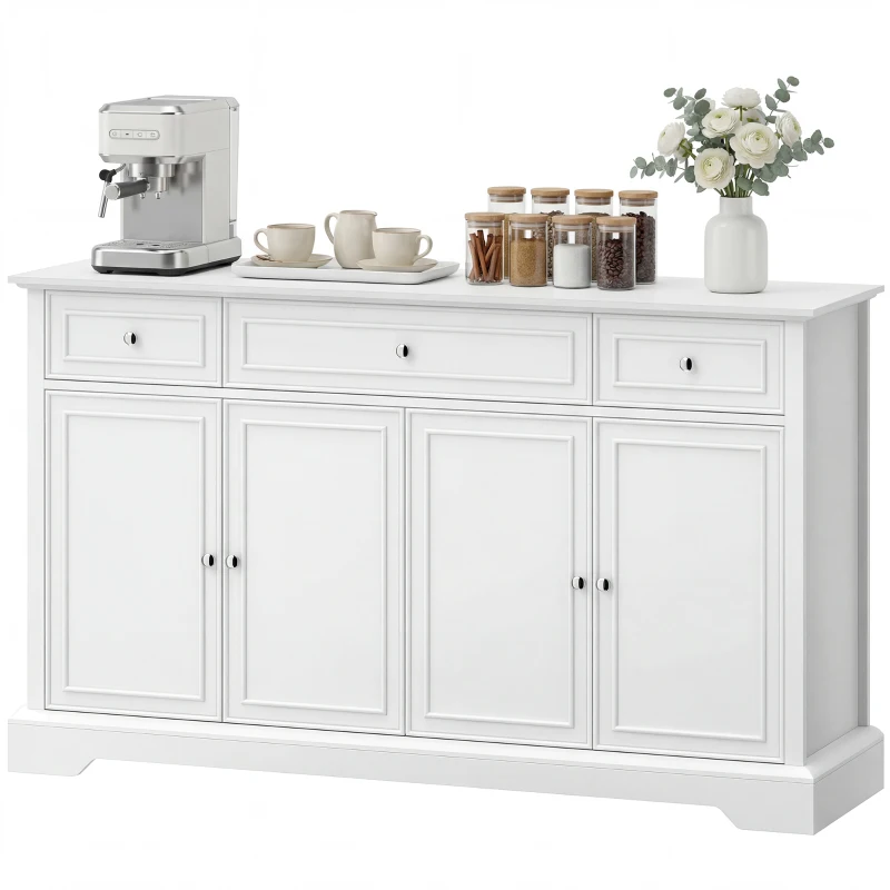 HOMCOM Sideboard Buffet Cabinet, 54" Kitchen Storage Cabinet with Soft-Close Doors, 3 Drawers and 2 Adjustable Shelves, White