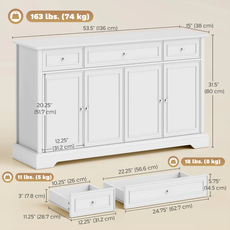 HOMCOM Sideboard Buffet Cabinet, 54" Kitchen Storage Cabinet with Soft-Close Doors, 3 Drawers and 2 Adjustable Shelves, White